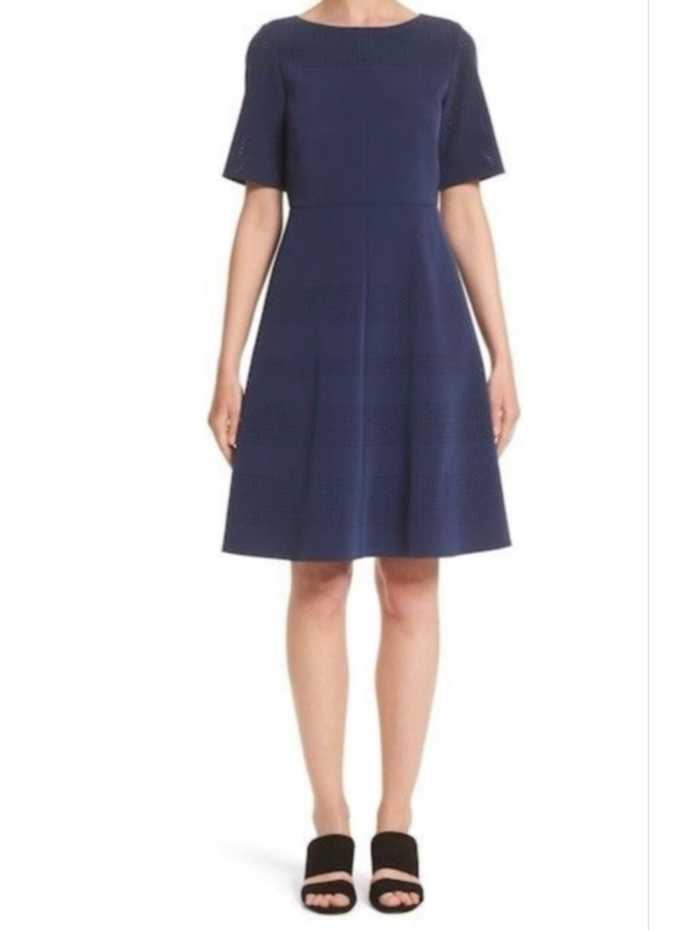 Lafayette 148 New York Tamera Performated Fit & Flare Dress Size 10 Navy Blue